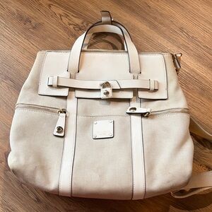 Henri Bendel Beige Canvas Bag with White Label